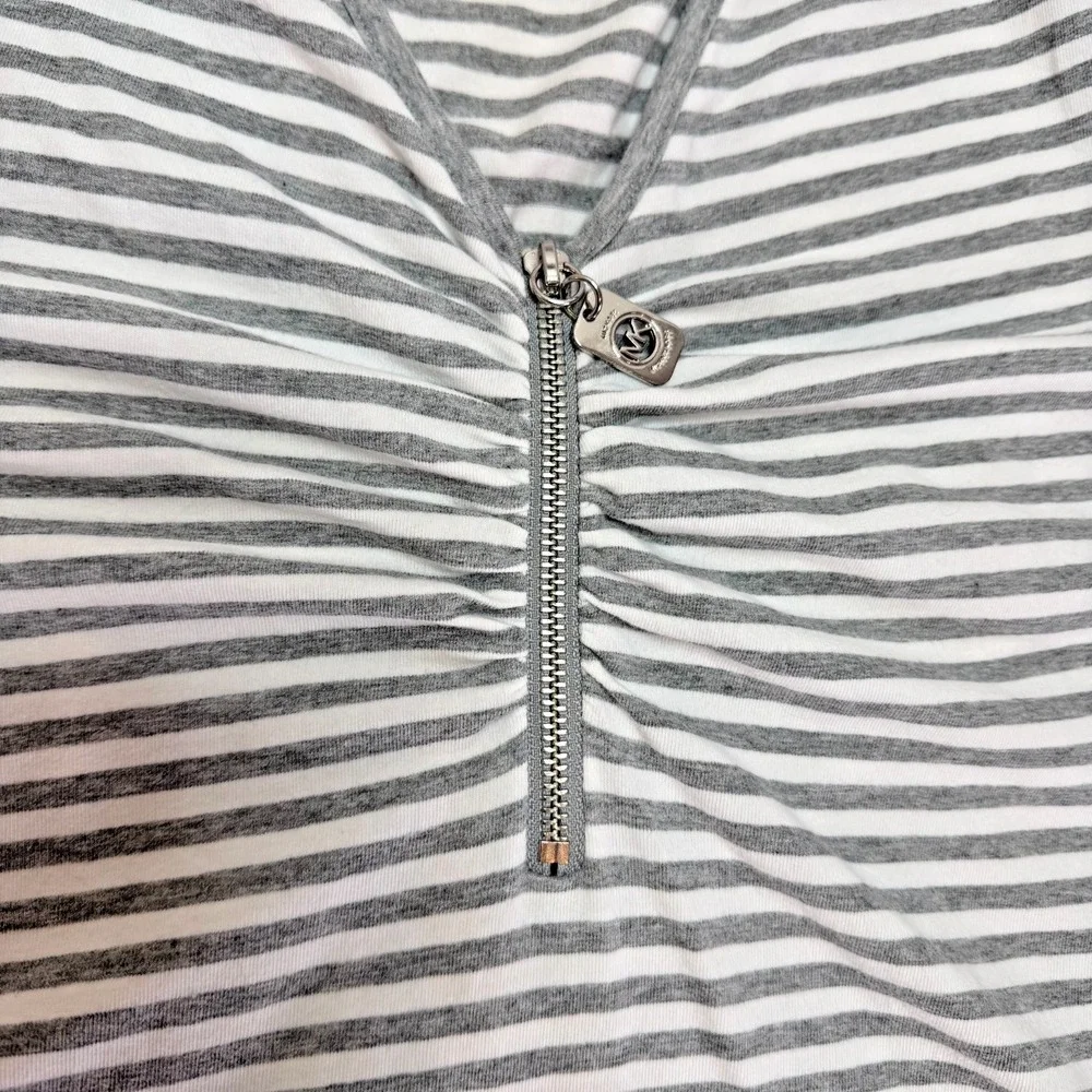 Michael Kors Top Blouse Womens L Gray White Stripe 1/2 Zip V-Neck  3/4 Sleeve